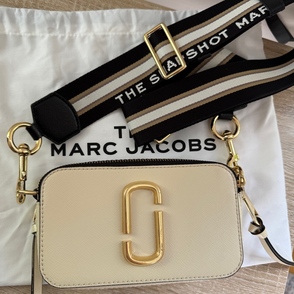 Marc Jacobs Cream Leather Snapshot Crossbody with Striped Strap